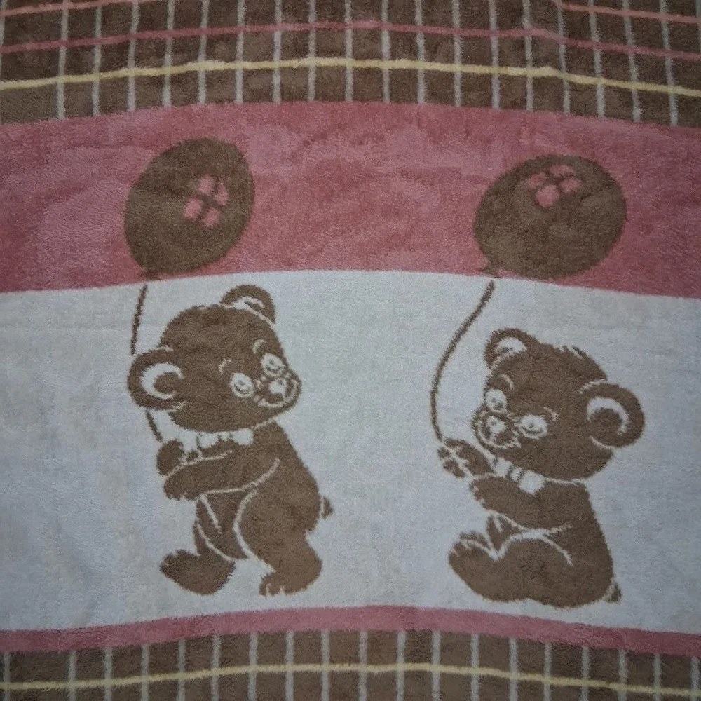 Vtg San Marcos Brown Bear Balloon Reversible Blanket Pink Yellow Soft‎ 40x50 Htf